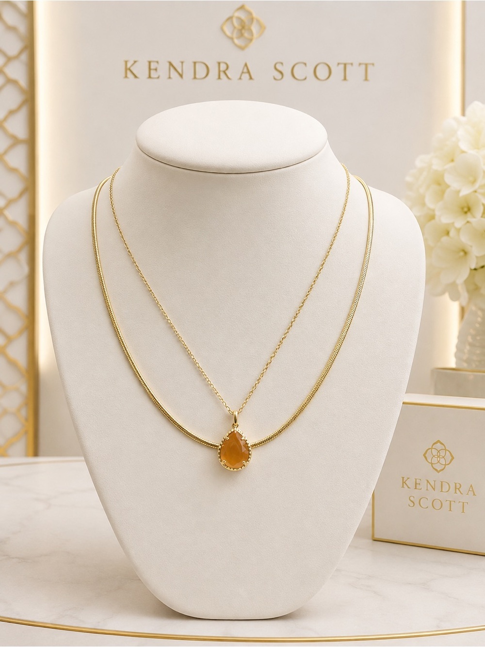 Kendra Scott Gold Necklace with Amber Teardrop Pendant